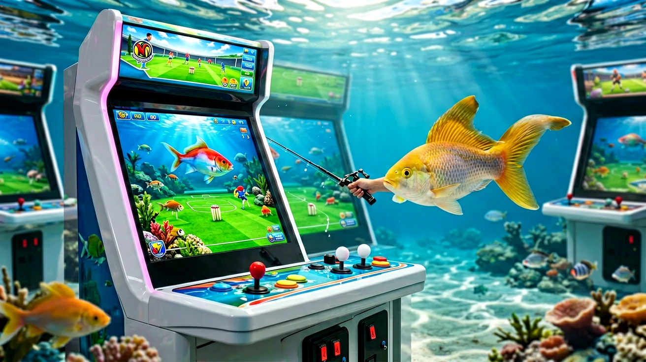 ရေအောက်နောက်ခံတွင် ငါးပစ် arcade ဂိမ်းစက်နှစ်လုံး၊ မျက်နှာပြင်ပေါ်ရှိ ငါးများနှင့် ထိန်းချုပ်ဘောက်စ်ရှိ joystick နှင့် ခလုတ်များ၊ ငါးမျှားတံကိုင်ထားသည့် လက်တစ်ချောင်းနှင့် ရွှေရောင်ငါးကြီးတစ်ကောင်