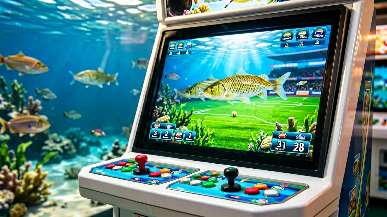 ငါးပစ် arcade ဂိမ်းစက်၏ အရောင်စုံခလုတ်နှင့် joystick ထိန်းချုပ်ဘောက်စ် အနီးကပ်မြင်ကွင်း၊ အပေါ်ရှိမျက်နှာပြင်တွင် ငါးများ၊ နောက်ခံတွင် သန္တာကျောက်တန်းနှင့် ရေအောက်ငါးများ