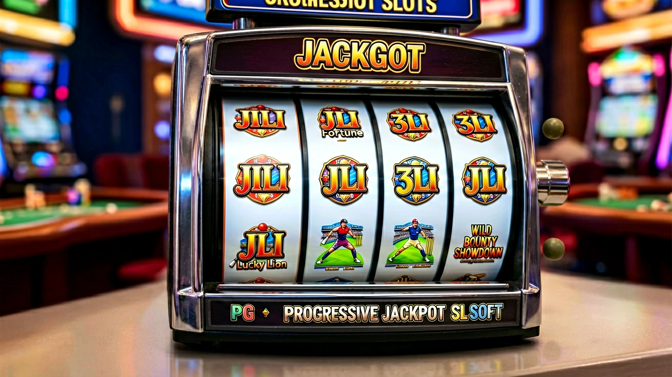 အပေါ်တွင် JACKPOT စာတန်းနှင့် ဘေးတွင် နံပါတ်စက်ဝိုင်းပါ ရီးလ်လေးခုရှိ စလော့စက်အနီးကပ် မြင်ကွင်း