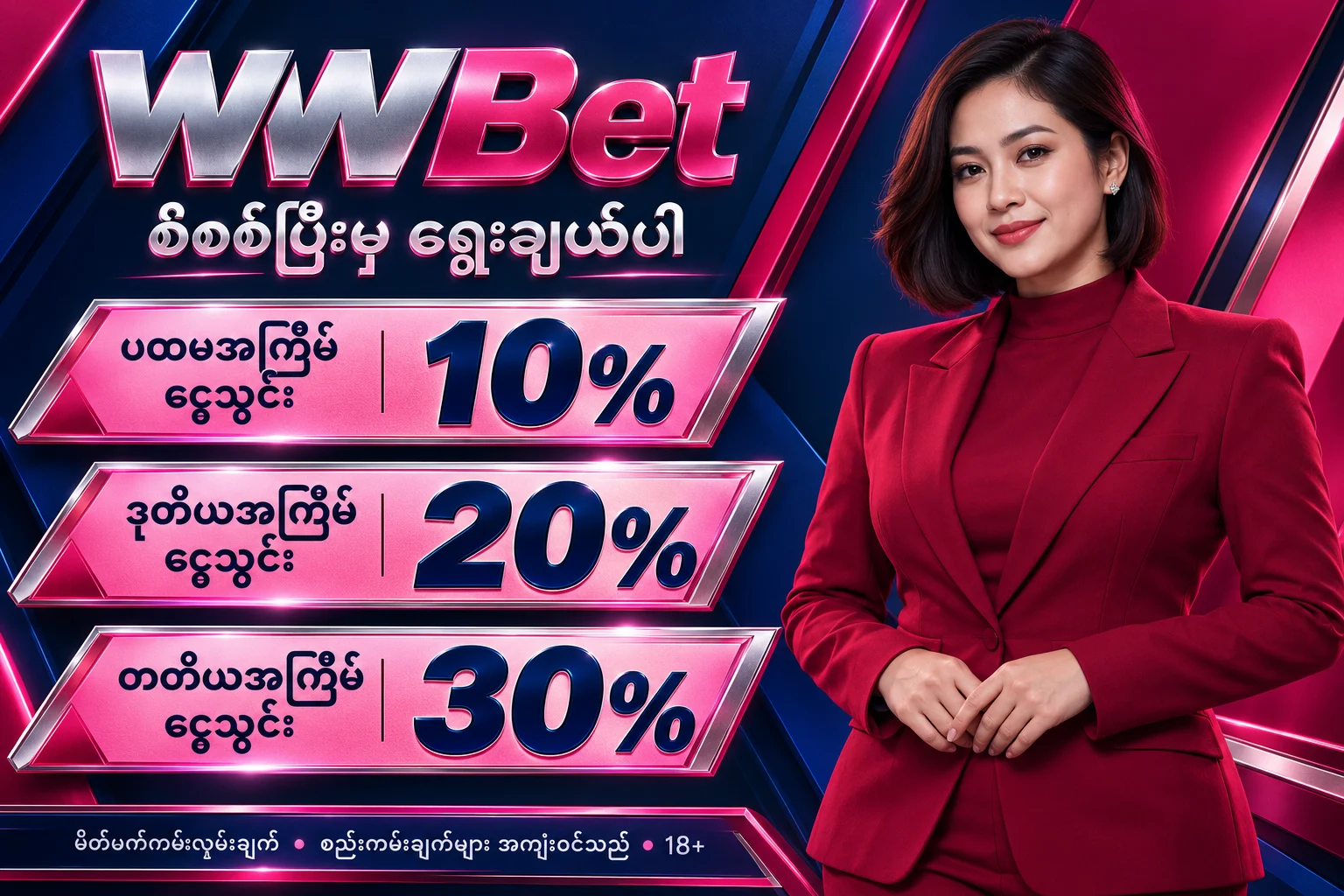 WWBet — မိတ်ဖက် ငွေသွင်းကမ်းလှမ်းချက် 10%, 20%, 30%; စည်းကမ်းချက်များ အကျုံးဝင်သည်; 18+