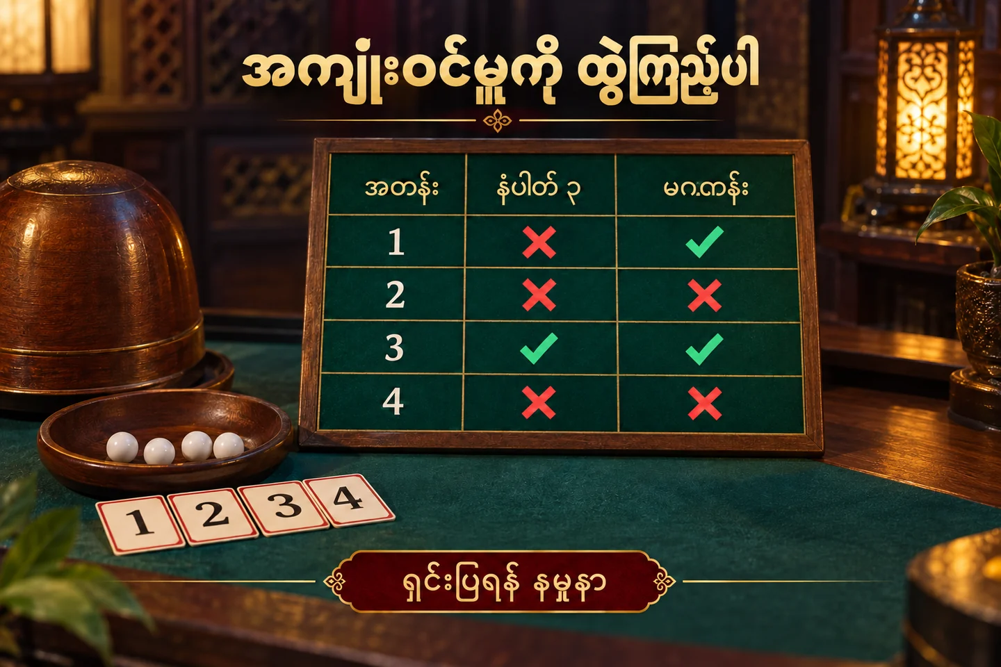 ပုတီးရလဒ်လေးမျိုးအတွက် 3 နှင့် Odd ကွက် အကျုံးဝင်ပုံ
